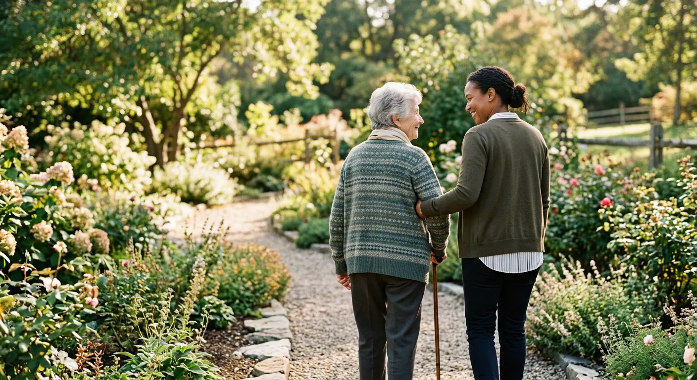 A caregiver and an elderly woman walking together arm in arm in a garden