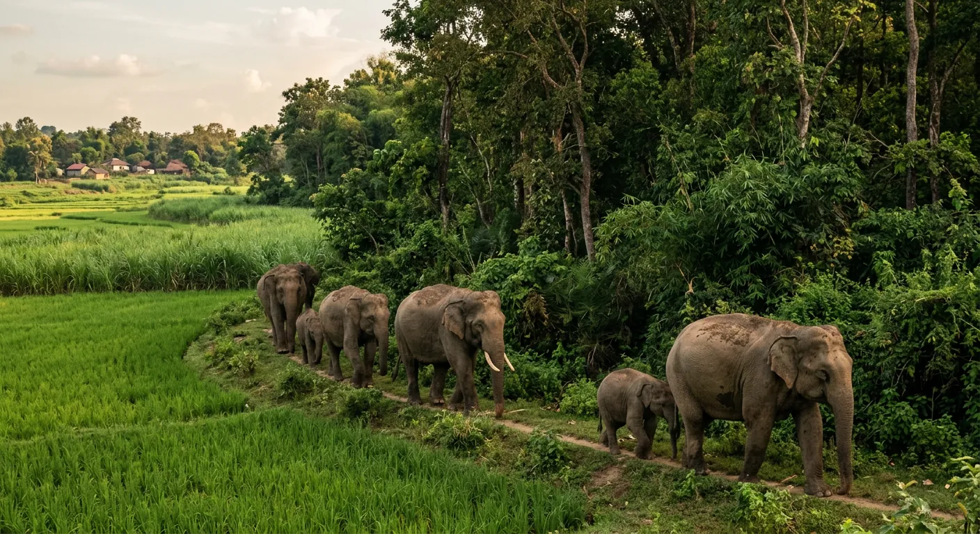 Elephants walking along the edge of crop fields beside a forest