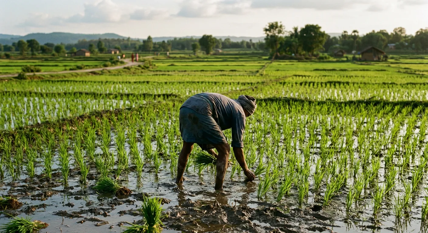 A farmer planting rice seedlings in a field