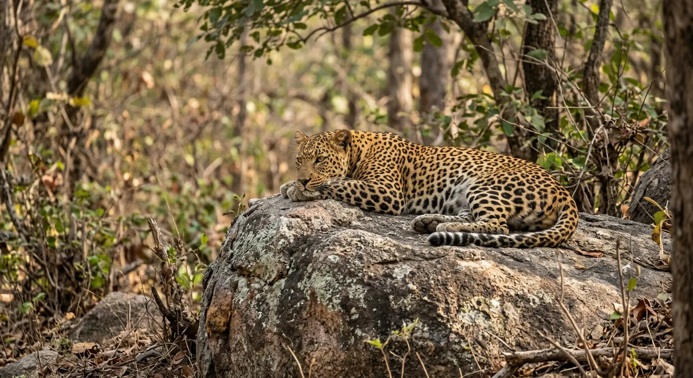 A leopard resting on a rock in its forest habitat